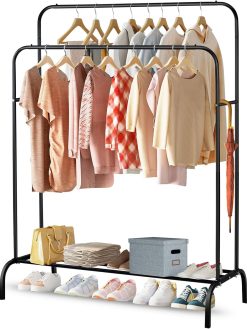SKY-TOUCH Double-Rail Clothes Rack｜Multifunctional Heavy-duty Clothes Rack｜Metal Freestanding Clothes Rail Garment｜with Lower Storage Shelf｜Hanging Rack Organizer for Bedroom｜Black 110.5 * 50 * 152cm