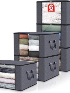 THMINS 6 Pack Large Storage Bags, Clothes Storage Bins Foldable Closet Organizers Storage Containers with Durable Handles Thick Fabric for Blanket Comforter Clothing Bedding