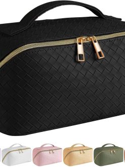 SFXULIX Large Capacity Travel Cosmetic Bag - Makeup Bag, PU Leather Waterproof Cosmetic Bag, Women Portable Travel Makeup Bag With Handle and Divider Flat Lay Makeup Organizer Bag