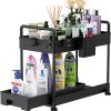 MIXDE Under Sink Organizer, Sliding Cabinet Basket Organizer 2 Tier Under Bathroom Storage Rack with Hooks, Hanging Cup, Dividers, Multi-purpose Storage Shelf for Bathroom Kitchen (BLACK)