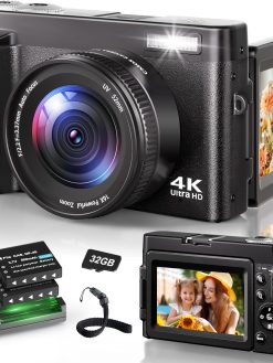 4K Digital Camera for Photography, 48MP Autofocus Vlogging Camera for YouTube with 3'' 180°Flip Screen, 16X Digital Zoom Anti-Shake Compact Travel Camera with SD Card, 2 Batteries & Charging Stand