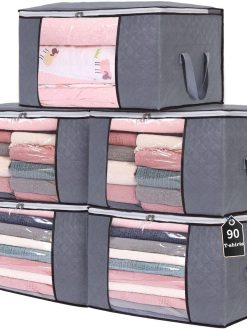 THMINS 5 Pack 60x40 cm Large Storage Bags,Large Capacity Sized Bags,90L Closet Organizers Storage,Containers with Durable Handles,Thick Fabric for Blanket,Comforter Clothing Bedding ……
