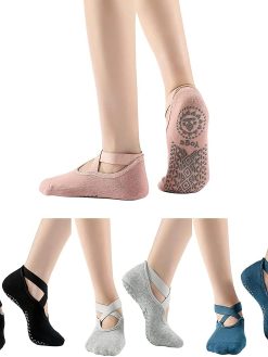 AJ Yoga Socks For Women Non-Slip Grips & Straps Non Slip Socks For Yoga Pilates Ideal For Pilates, Ballet, Dance, Barefoot Workout. Black Gray Pink Blue Four Pairs