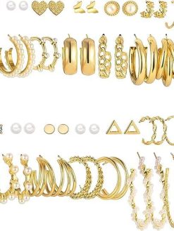 Ybaier 36 Pairs Gold Earrings Set for Women Girls, Fashion Pearl Chain Link Stud Drop Dangle Earrings, Multipack Hoop Earring Packs, Hypoallergenic Earrings for Birthday Party Jewelry Gift (Gold)