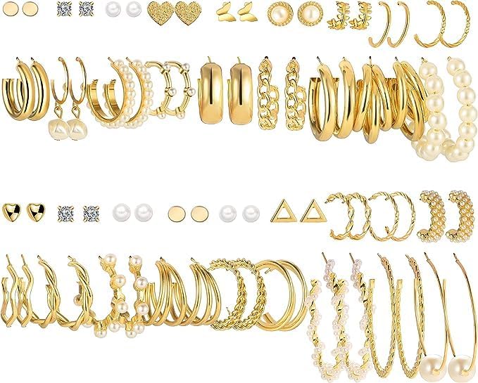 Ybaier 36 Pairs Gold Earrings Set for Women Girls, Fashion Pearl Chain Link Stud Drop Dangle Earrings, Multipack Hoop Earring Packs, Hypoallergenic Earrings for Birthday Party Jewelry Gift (Gold)