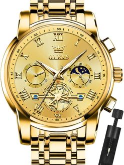 OLEVS Diamond Watches for Men,Business Dress Watch Waterproof Luminous,Male Golden Big Dial Luxury Casual Quartz Analog Watches with Day Date Calendar and Stainless Steel Band
