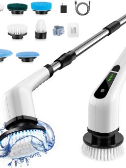 Bomves Cordless Electric Spin Scrubber, Electric Cleaning Brush with 8 Replacement Brush Heads, 90Mins Working Time, 3 Adjustable Handle, 2 Adjustable Speeds for Bathroom Kitchen Bathtub Glass Car