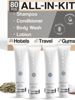 Terra Pure Infuse White Tea and Coconut Hotel Soaps and Toiletries Bulk Set | 1-Shoppe All-In-Kit for Hotels | 1oz Shampoo & Conditioner, Body Wash & Lotion| Travel Size 80 Pieces