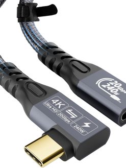 CABLEDECONN USB C 3.2 Gen-2 240W Charging Cable 90'Elbow Thunderbolt 3 Extension Cable Male to Female Data Transfer 20Gbps 48V/5A Type-C Video 4K Compatible with MacBook M1/M2/M3 (3m 6.6ft)