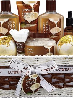LOVERY Bath and Body Gift Basket For Women and Men – 9 Piece Set of Vanilla Coconut Home Spa Set, Includes Fragrant Lotions, Extra Large Bath Bombs, Coconut Oil, Luxurious Bath Towel & More