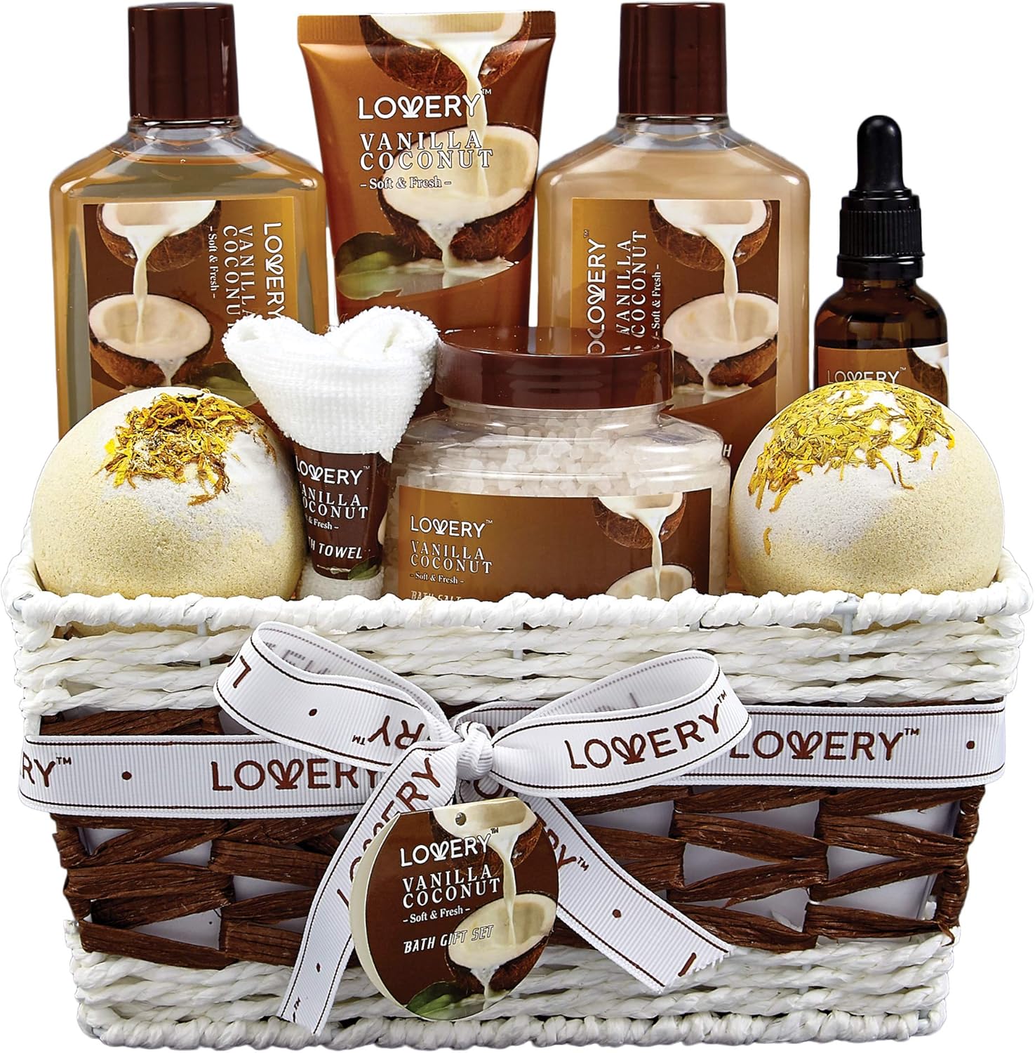 LOVERY Bath and Body Gift Basket For Women and Men – 9 Piece Set of Vanilla Coconut Home Spa Set, Includes Fragrant Lotions, Extra Large Bath Bombs, Coconut Oil, Luxurious Bath Towel & More