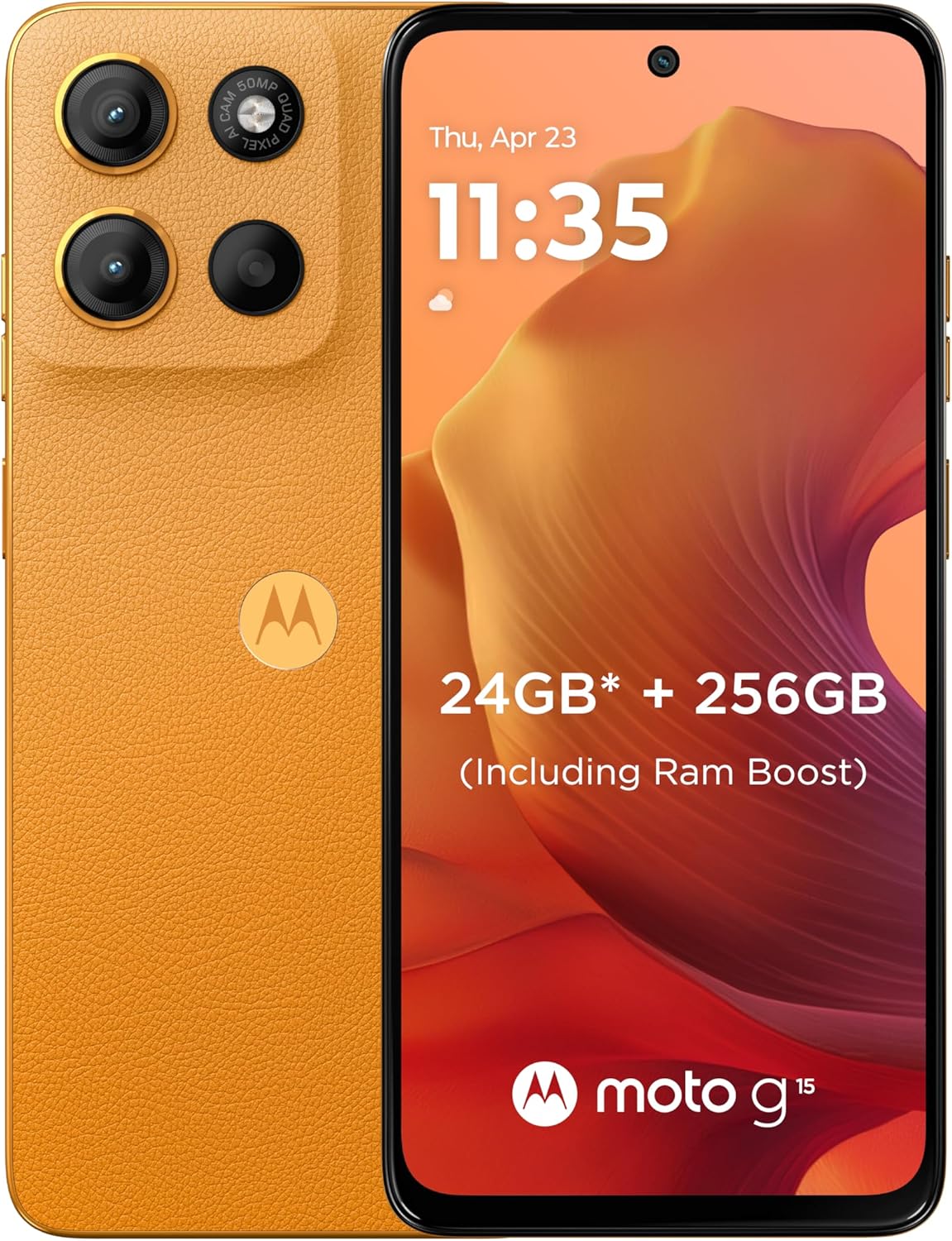 MOTOROLA G15, 8+16GB RAM,DUAL SIM,256 GB ROM, MediaTek Helio G81, 6.72", Android 15, Sunrise Orange, With Free Moto Buds