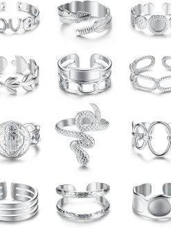 BESTEEL 18K Gold Plated Rings for Women, Stainless Steel Statement Rings Pack Stacking Boho Midi Rings Adjustable Open Ring Band Twisted Signet Rings Snake Gold Silver Rings Set