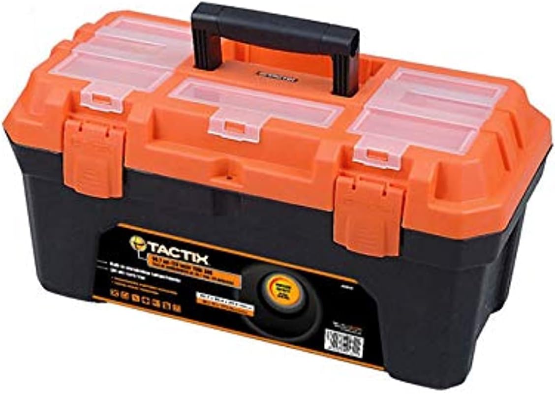 Tactix 20 Inches Plastic Storage Tool Box HD with Lift-out carry tray, Built-in Organization Compartments, Black/Orange, Dimensions: 50.7W x 25.4D x 25.9H cm- 320112