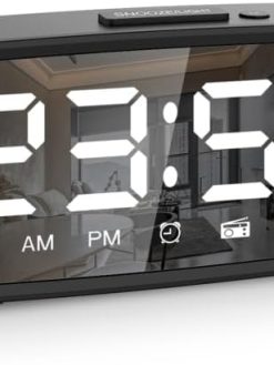 Labymos 5.1'' Digital Alarm Clock Radio, Mirror Alarm Clock, 3 Levels Dimmer, FM Radio with Sleep Timer, Adjustable, Dark Mode, Alarm with Snooze, 12/24H Alarm Clocks for Bedroom Bedside Desk