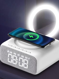 Azonee Alarm Clock Radio, Bedside Alarm Clock with Bluetooth Speaker, Dimmable LED Display Super Fast Wireless Charger Station, USB Charging Port FM Radio Alarm Clock with Night Light and Stand
