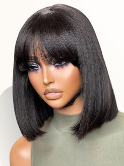 Blunt Cut Bob Wigs With Bangs for Women Girls, 10 Inch Shoulder Length Light Yaki Straight Hair Costume Wig, Soft Synthetic Hair Replacement Wigs Heat Resistant for Cosplay Party, Daily Use (Black)