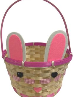 BrainGiggles Bunny Easter Basket for Kids – Cute Rabbit Face with Bunny Ears Woven Bamboo Basket with Handle for Egg Hunts, Candy, Treats, Easter Gift Basket | Ideal for Easter Decorations