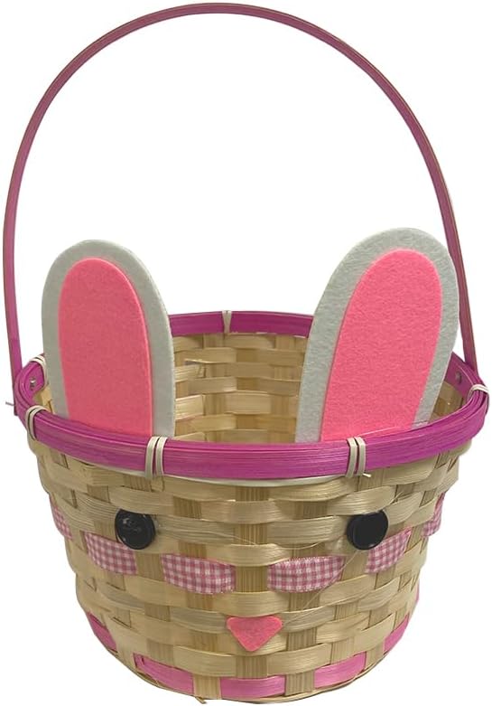 BrainGiggles Bunny Easter Basket for Kids – Cute Rabbit Face with Bunny Ears Woven Bamboo Basket with Handle for Egg Hunts, Candy, Treats, Easter Gift Basket | Ideal for Easter Decorations