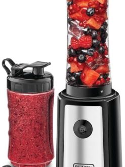 BLACK+DECKER Sports Blender/Smoothie Maker, 300W, 6-Piece Set with 500ml & 300ml BPA-Free Sports Bottles, 21,500 RPM Turbo Speed, Stainless Steel Blades for Ice & Frozen Fruits, Black - SBX300-B5