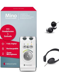 Bellman & Symfon Mino Digital Hearing Amplifier with Headphones and Earbuds - Sound Amplifier for Senior - Dual Microphones - Directional Microphone with Noise Cancellation - Rechargeable Pocket Sized