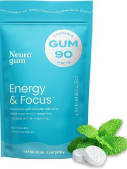 NeuroGum Energy Caffeine Gum (90 Pieces) - Sugar Free with L-theanine + Natural Caffeine + Vitamin B12 & B6 - Nootropic Energy & Focus Supplement for Women & Men - Keto & Vegan, Peppermint Flavor