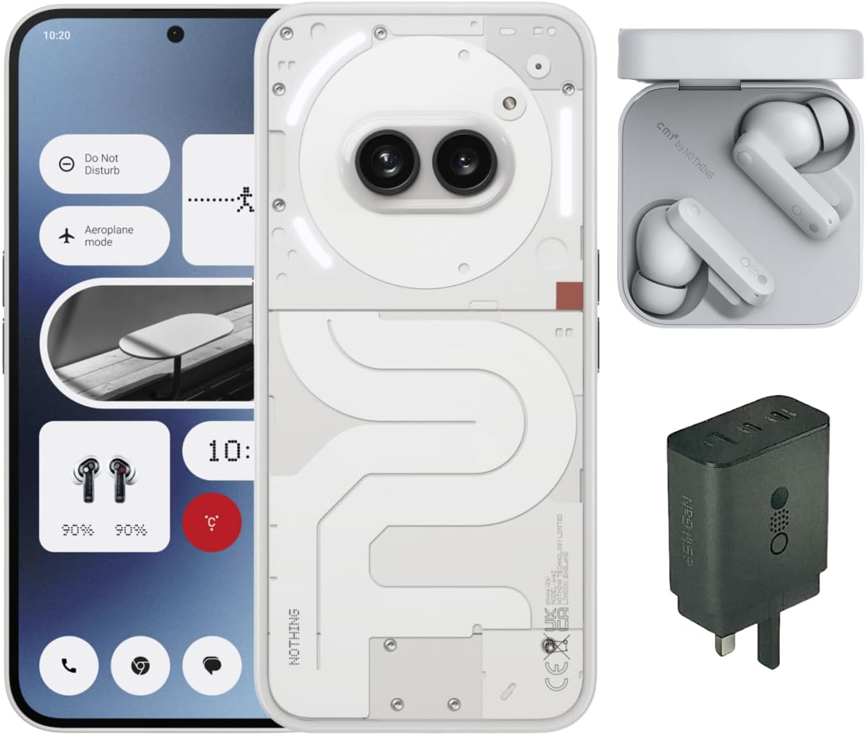 Nothing Phone (2a) 12/256 - Android 14 smartphone, 50MP Dual Camera, 5000 mAh Long battery Life, 6.7” Flexible AMOLED Screen, Mediatek Dimensity 7200Pro, Milk, with CMF Buds And CMF 65W GaN Charger