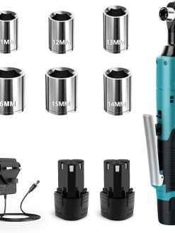 Funnyway 12V Cordless Ratchet Wrench Set, 3/8" Cordless Ratchet with 2 x 2.0Ah Li-Ion Battery and Fast Charger, 45N.m 300RPM with LED Light and 6 Sockets Impact Gun (Blue)