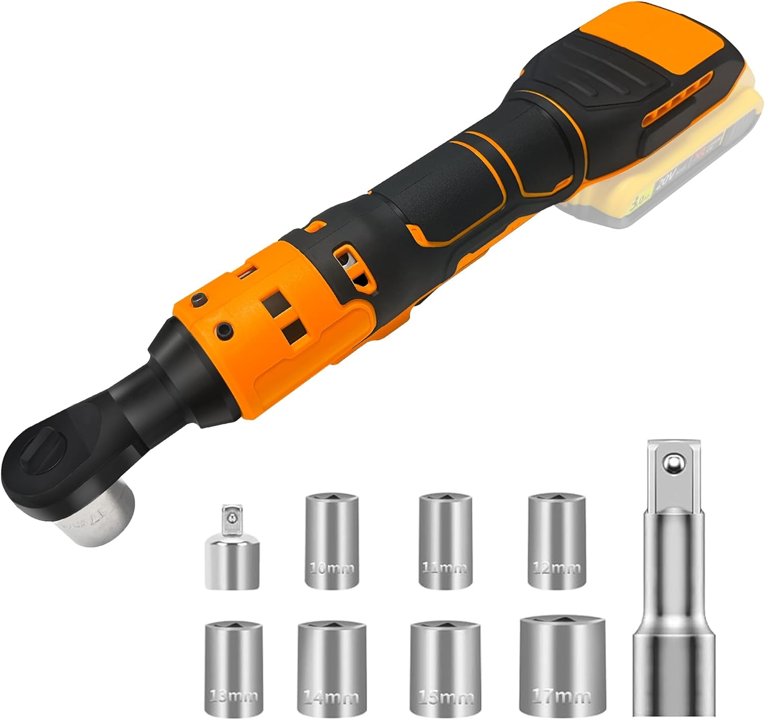 3/8" Cordless Ratchet Wrench Compatible with DEWALT 20V Battery, Electric Power Ratchet, Variable Speed Trigger, 45 Ft-lbs 400 RPM Wrench Tool, 7 Sockets, 1/4" Adapter & 3" Extension Bar (Tool Only)