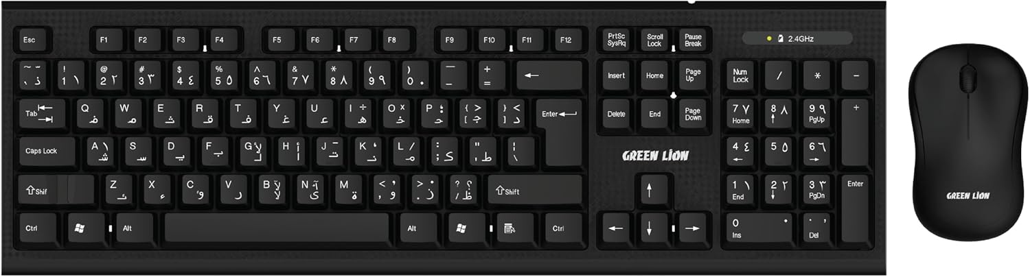 Green Lion Wireless Duo Keyboard & Mouse 30 Million Keystroke Life, Arabic & English, Nano USB Receiver, 3 Button Mouse, 1200 DPI, Compatible with MacOS, Compatible with Android and Windows - Black
