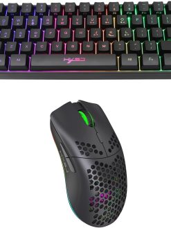 HXSJ Wireless Gaming Keyboard 2000mAh Backlit Mini 61 Key With Bluetooth and 7 Keys Colorful Lighting Programmable Gaming Wireless Mouse (Black)