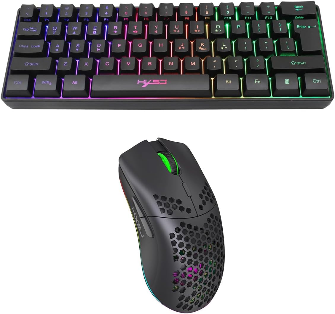 HXSJ Wireless Gaming Keyboard 2000mAh Backlit Mini 61 Key With Bluetooth and 7 Keys Colorful Lighting Programmable Gaming Wireless Mouse (Black)
