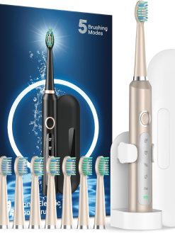 M5 Sonic Electric Toothbrush for Adults - Rechargeable Electric Toothbrushes with 8 Brush Heads & Holder, Travel Case, Power Electric Toothbrush，3 Hours Charge for 120 Days - Champagne Gold