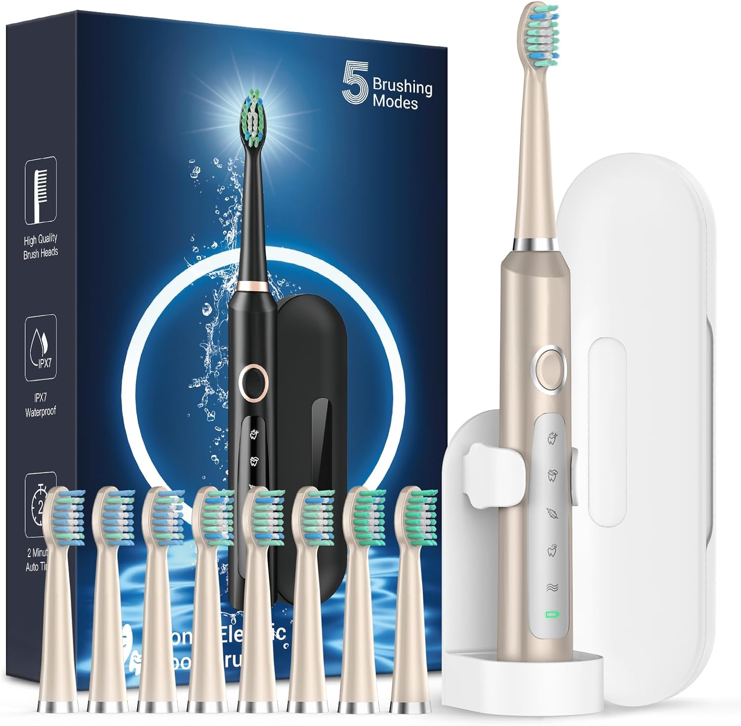 M5 Sonic Electric Toothbrush for Adults - Rechargeable Electric Toothbrushes with 8 Brush Heads & Holder, Travel Case, Power Electric Toothbrush,3 Hours Charge for 120 Days - Champagne Gold