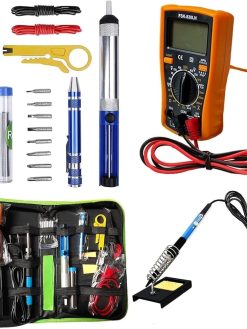 Soldering Iron Kit 60W Adjustable Temperature Welding Tool, Digital Multimeter, 2pcs Soldering Iron Tips, Desoldering Pump, Wire Stripper Cutter, Tweezers, Iron Stand, 2pcs Electronic Wire