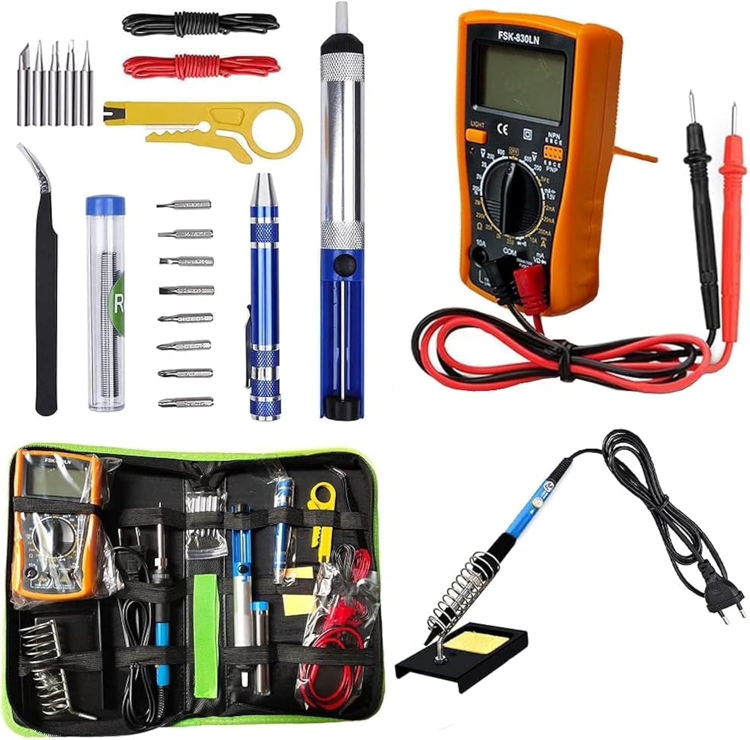 Soldering Iron Kit 60W Adjustable Temperature Welding Tool, Digital Multimeter, 2pcs Soldering Iron Tips, Desoldering Pump, Wire Stripper Cutter, Tweezers, Iron Stand, 2pcs Electronic Wire