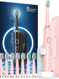 Rtauys Sonic Rechargeable Electric Toothbrushes for Adults with 8 Brush Heads & Travel Case,Teeth Whitening, Power Toothbrush with Holder, 3 Hours Charge for 120 Days - Pink