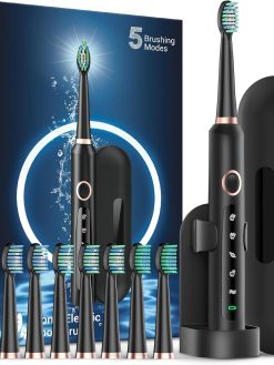 Rtauys M5 Sonic Electric Toothbrush for Adults and Kids - Rechargeable Electric Toothbrush Kids Ages 12+ and Adults with 8 Brush Heads & Travel Case, 120 Days Battery Life - Black
