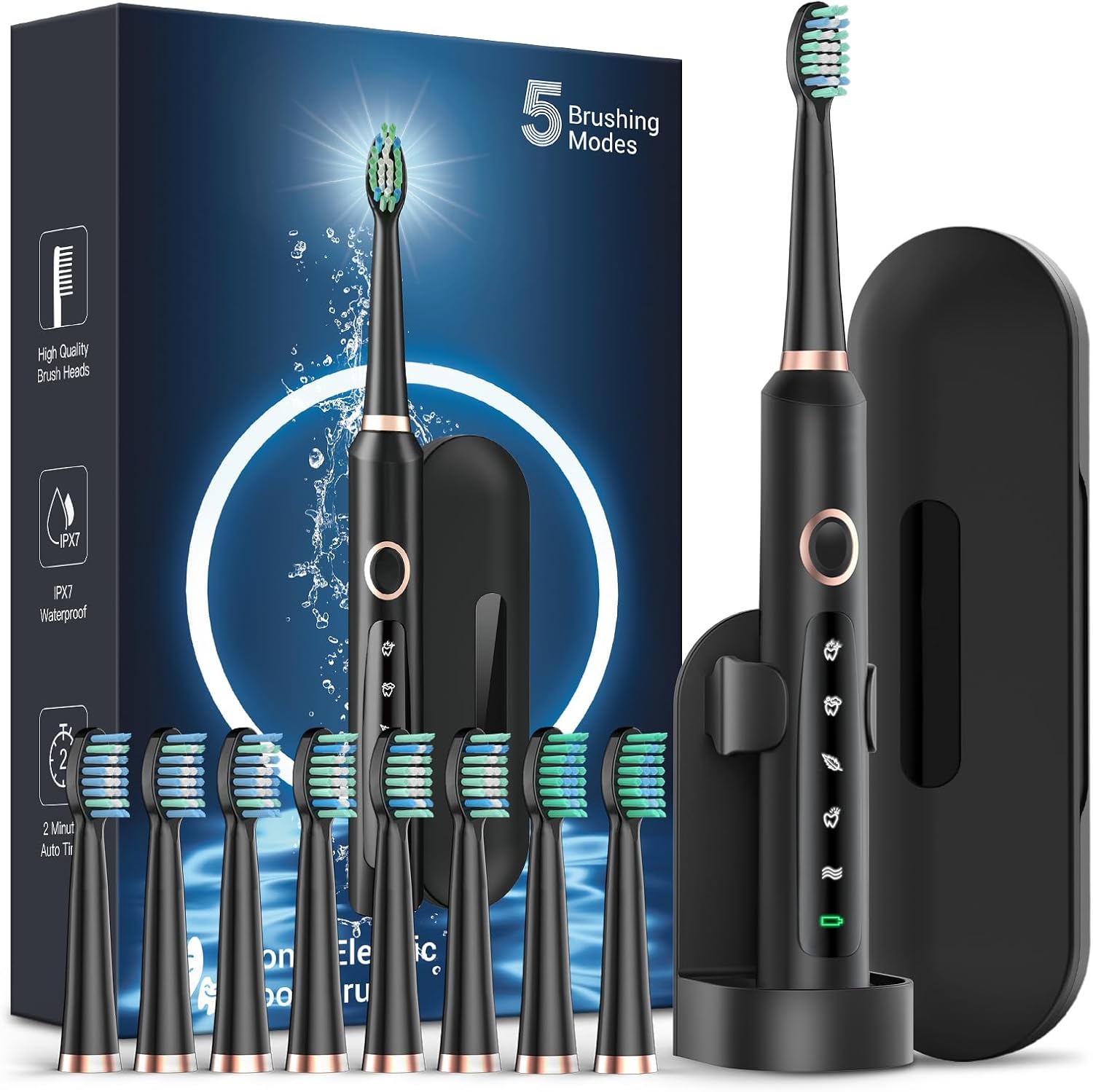 Rtauys M5 Sonic Electric Toothbrush for Adults and Kids - Rechargeable Electric Toothbrush Kids Ages 12+ and Adults with 8 Brush Heads & Travel Case, 120 Days Battery Life - Black