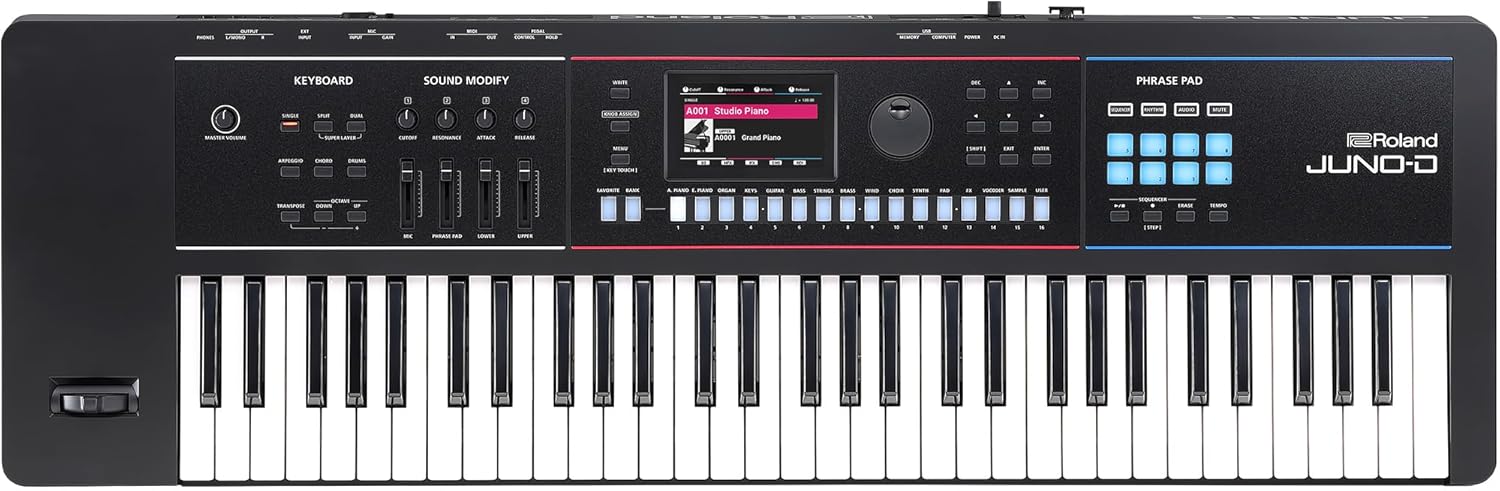 Roland JUNO-D6 Synthesizer | 61-note keyboard with synth action | ZEN-Core engine with 3800+ built-in sounds | Intuitive creative tools | USB-C/MIDI audio interface for
