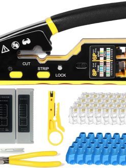Beauenty RJ45 Crimp Tool Pass Through Connector End With Cat6 Crimping Tool Kit for RJ45 RJ12 Regular,50 Cat6 straight-through connectors, 50Pcs Covers and Mini Wire Stripper (B)