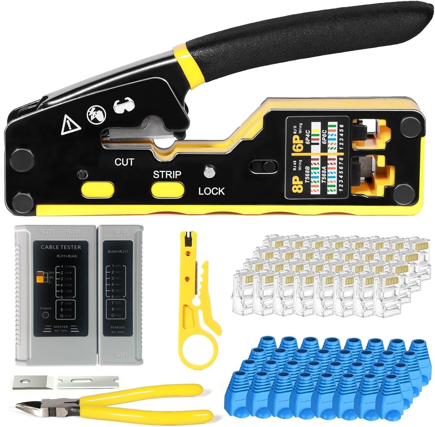 Beauenty RJ45 Crimp Tool Pass Through Connector End With Cat6 Crimping Tool Kit for RJ45 RJ12 Regular,50 Cat6 straight-through connectors, 50Pcs Covers and Mini Wire Stripper (B)