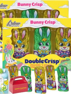 Easter Double Crisp Solid Chocolate Bunnies - Crunchy Individually Wrapped in Colorful Decorative Foil | For Egg Hunt Deco Basket Stuffer Party Favor Treat Gift | Happy Easter Card & Box Included