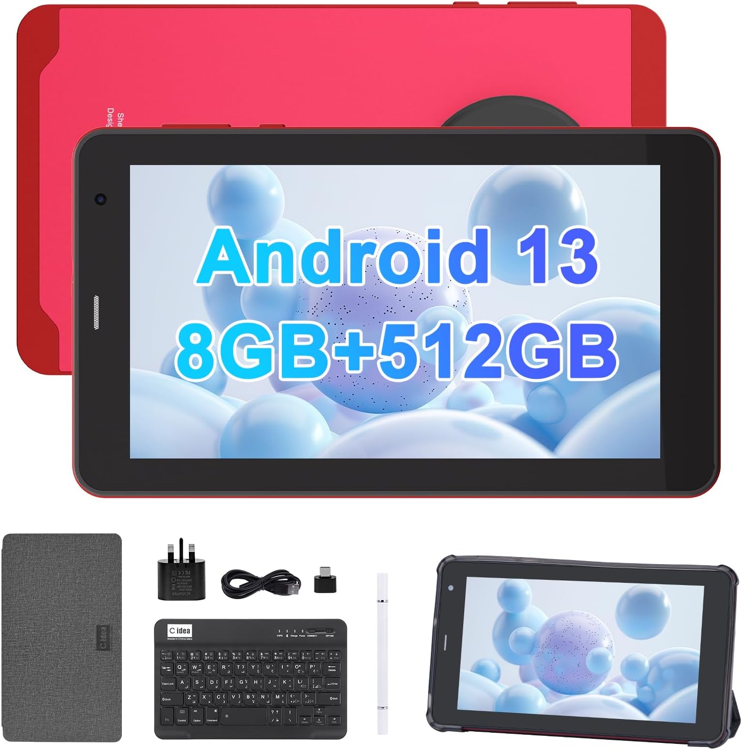 C idea 7" Smart Tablet, Android 13 Kids Computer Tab with Wiresless Keyboard and Protective Cover, Single SIM 5G LTE Wifi, Zoom & Tiktok Supported,CM518pro (Red)