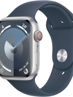 Apple Watch Series 9 [GPS + Cellular 45mm] Smartwatch with Silver Aluminum Case with Storm Blue Sport Band S/M. Fitness Tracker, Blood Oxygen & ECG Apps, Always-On Retina Display, Water Resistant