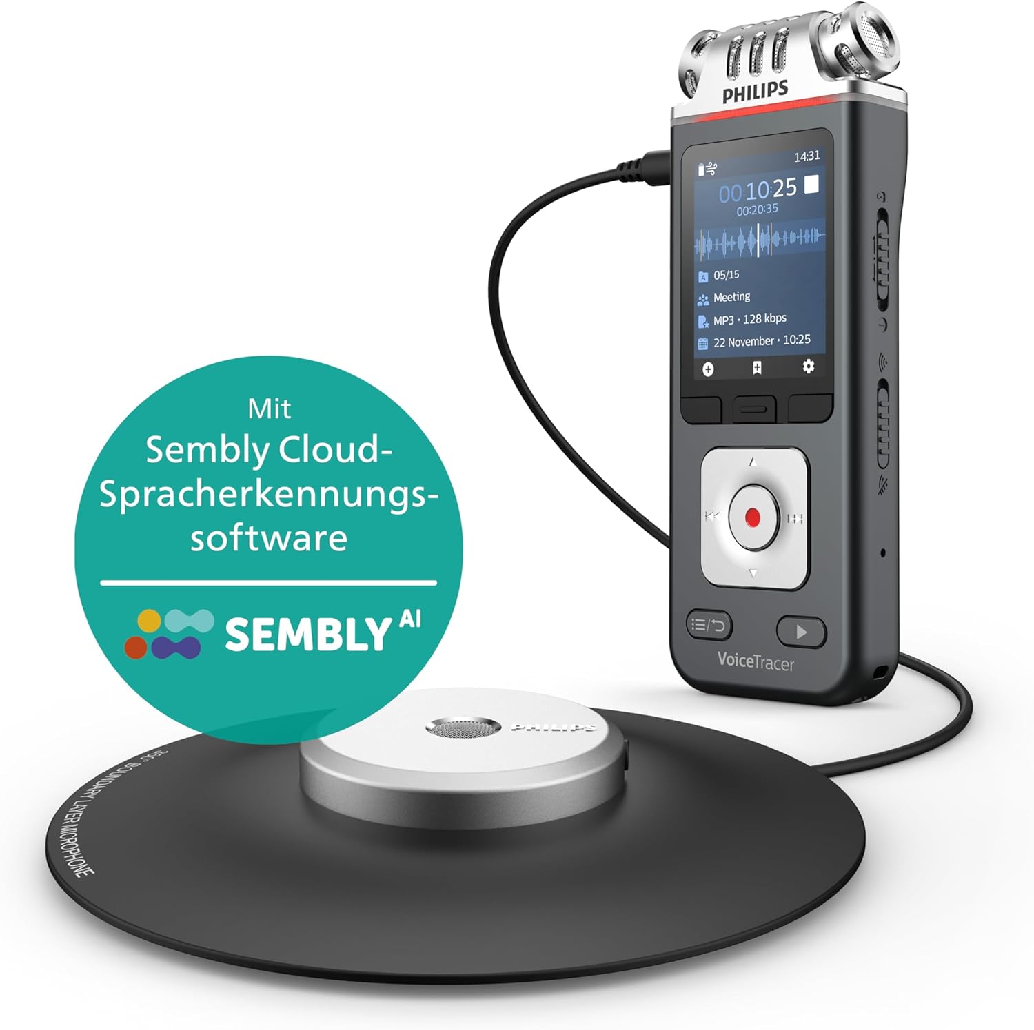 Philips VoiceTracer DVT8115 Meeting Recorder with Sembly AI Speech-to-Text Software Trial