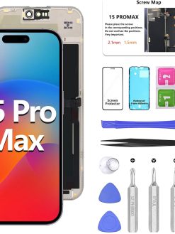 Suitable for iPhone 15 Pro Max Screen Replacement Kit 6.7 Inch LCD Display 3D Touch IPS FHD COF Full Assembly Stainless Steel Repair Kits Waterproof Frame Sticker + Screen Protector