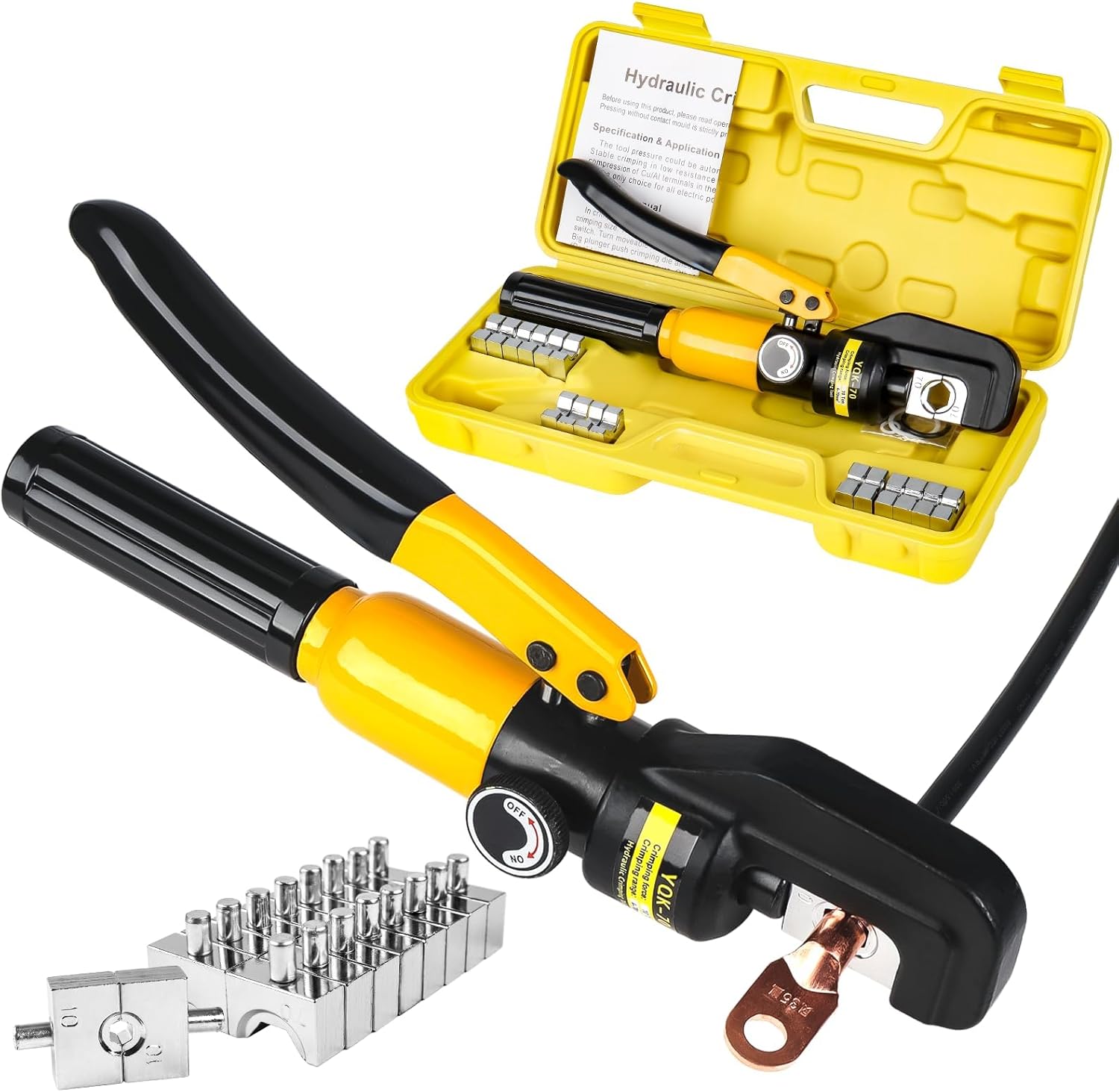 Hydraulic Crimping Tool, 10 Tons, 12 AWG to 00 (2/0) Battery Cable Crimper, Includes 4/6/8/10/16/25/35/50/70mm² Hexagonal Crimping Dies, for Electrical Terminal Cable Wire and Hydraulic Hose Crimping