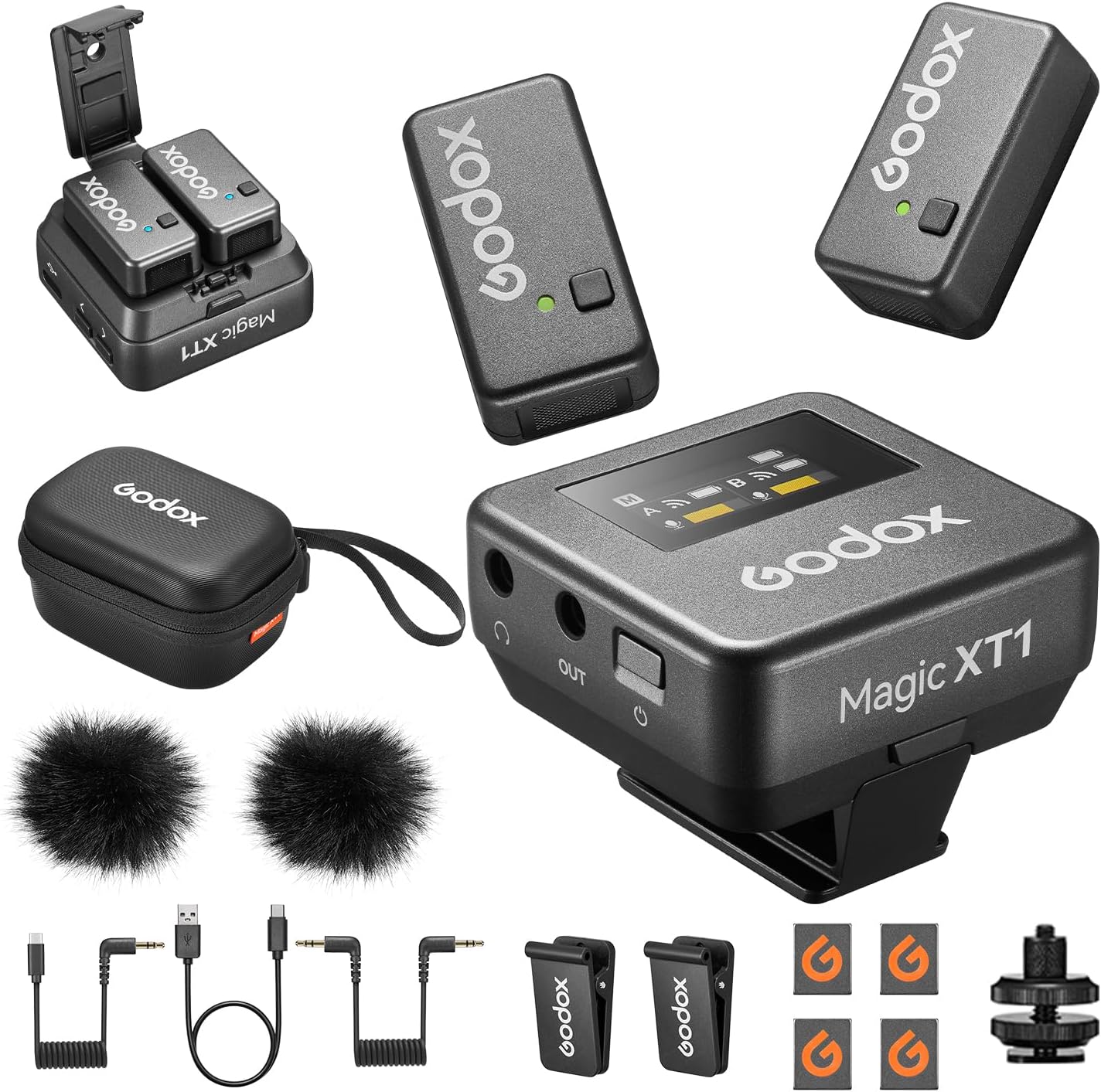Godox Magic XT1 Wireless Lavalier Microphone for Camera (2 TX + 1 RX Charging Case), Mini Mic With Noise Cancellation, 16H Battery, Touch Screen 200M/60ft