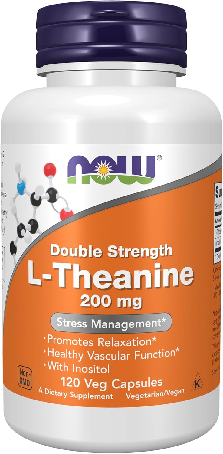 Now Foods Double Strength L-Theanine 200mg with Inositol, 120 Veg Capsules